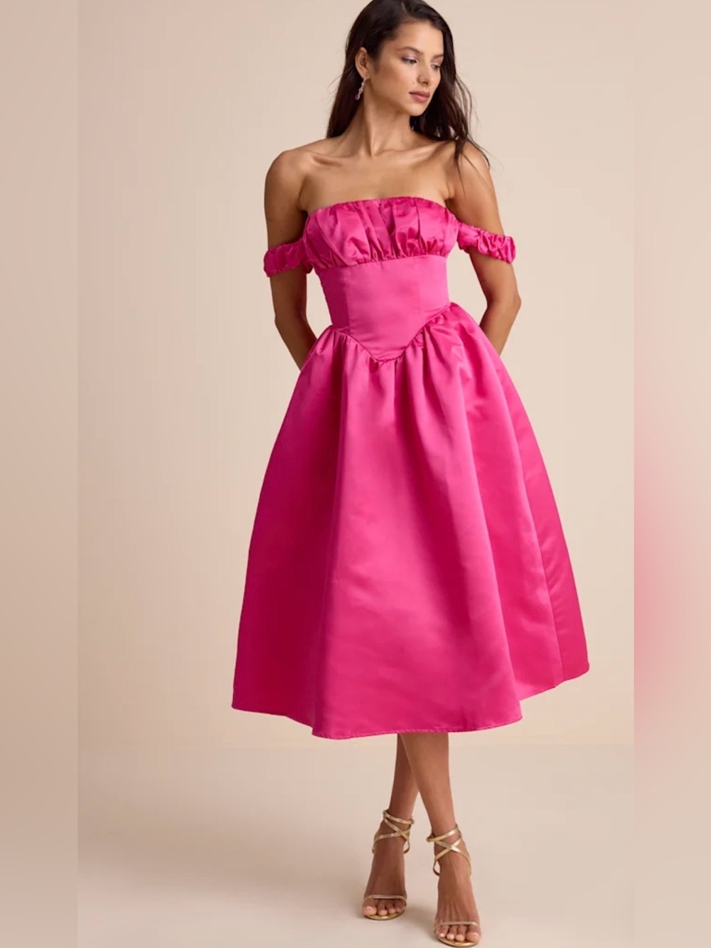Lulu's Hot Pink Off-the-Shoulder Midi Dress